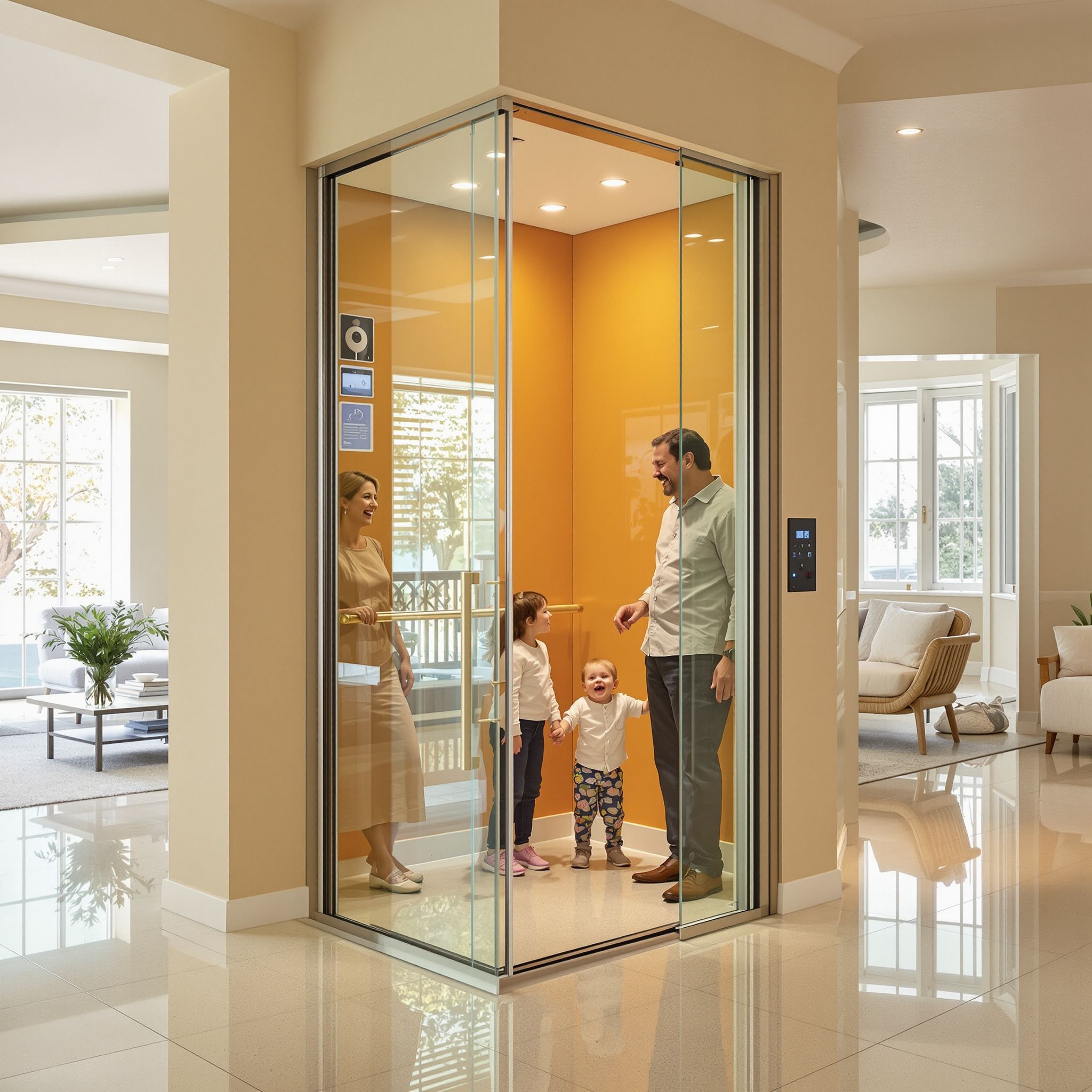 Hình ảnh minh họa cho tính tiện lợi của thang máy gia đình, cho thấy các thành viên trong gia đình dễ dàng di chuyển giữa các tầng. Thang máy đặc biệt hữu ích cho trẻ em, người lớn tuổi và người khuyết tật, mang lại cuộc sống tiện nghi và thoải mái cho mọi người.